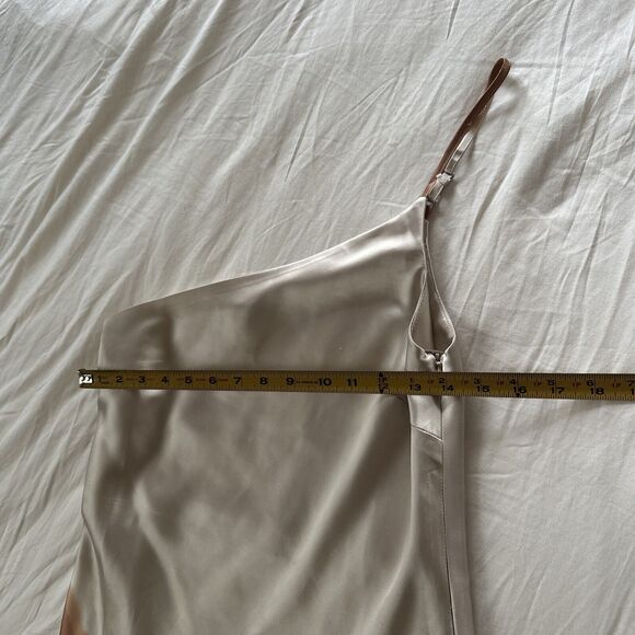 One Shoulder Satin Midi Dress Women's M Beige Brown Side Zip - Picture 8 of 10